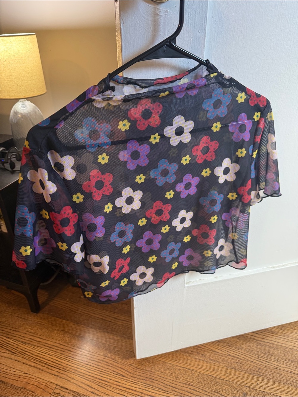 Floral Sheer Crop Top - Black with Multicolor Flowers